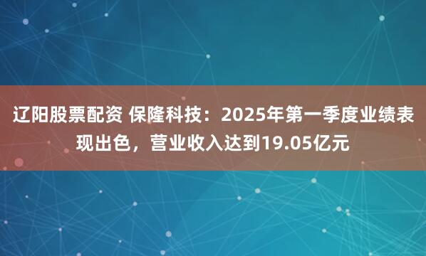 辽阳股票配资 保隆科技：2025年第一季度业绩表现出色，营业收入达到19.05亿元